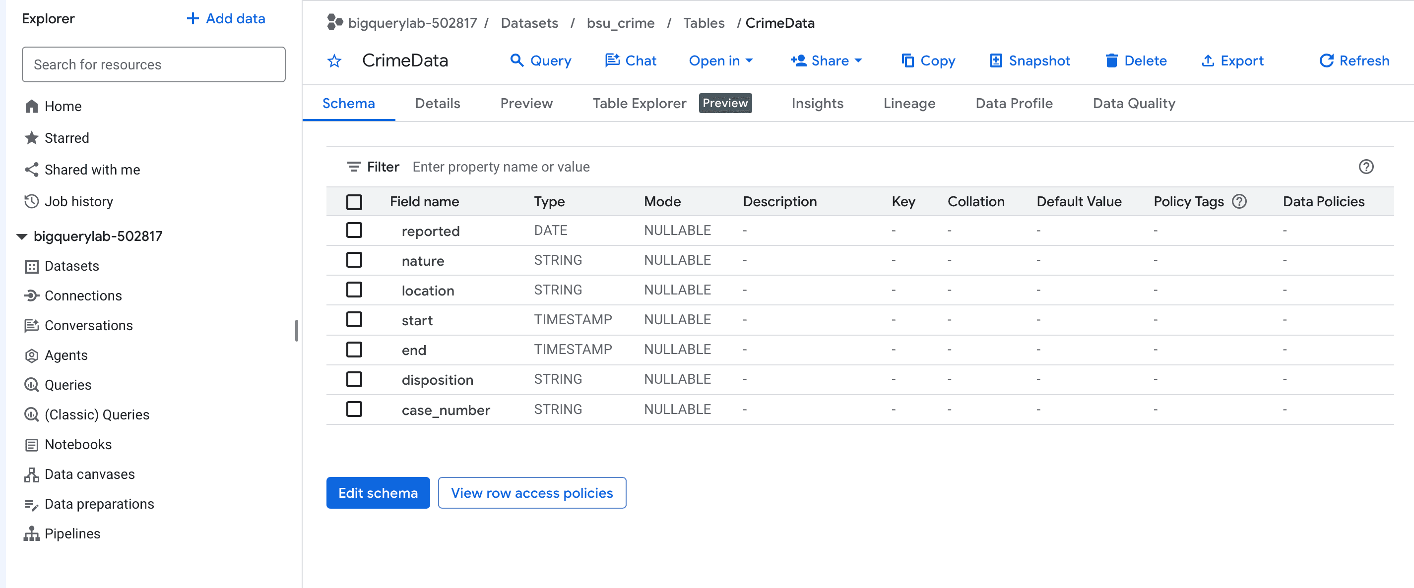 Google BigQuery CrimeData schema with reported, nature, location, start, end, disposition, and case_number fields